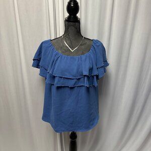 Jennifer Lopez On or Off-Shoulder Blouse Womens Medium Blue Ruffle Bead Accents